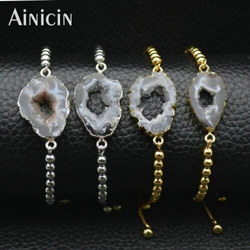 Natural Drusy Crystal Gold Silver Plating Bracelets Hollow Out Drusy Geode Charms Adjustable Bangles For Men and Women 5pcs