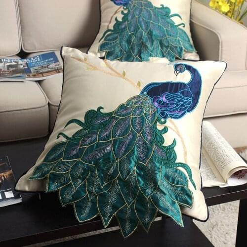 2019 6 pcs chinese style high quality Luxury Handmade Peacock pillowcase Faux Silk Decorative Embroidery Pillow Cover 45*45cm