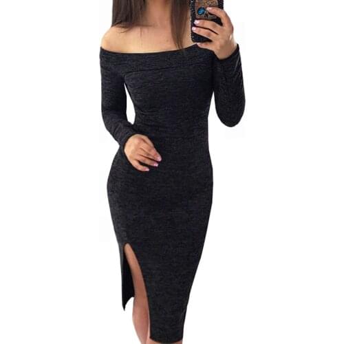 Autumn Winter Dress Side Split Bodycon Sexy Party Dress Slash Neck Slim Robe Dresses Femme Jumper Solid Women Dress GV079