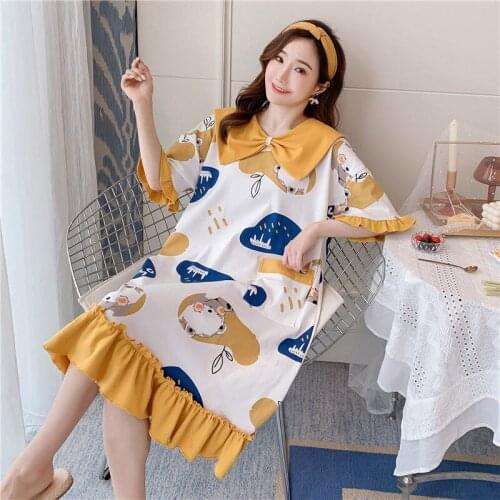 Cotton Sleeping Dress Female Summer Cartoon Princess Doll Neck Short Sleeve Loose Medium Long Skirt Home Dress Summer