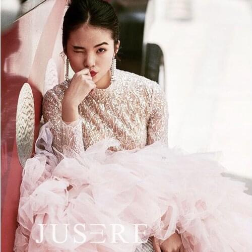 Pink dress ball gown high collar long sleeves sequin cascading ruffles full back sweep train evening dress prom dress