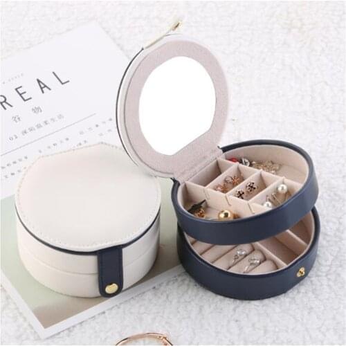 Jewelry Box Round PU Leather Case with Mirror Lady Portable Cosmetic Bag Dressing Table Earring Necklace Ring Organizer Boxes