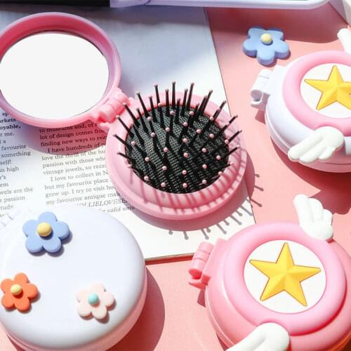 Cartoon folding air bag comb with makeup mirror portable cute girl heart plastic air cushion head massage comb