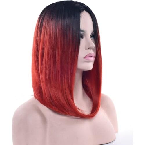 Soowee 11 Colors Synthetic Hair Black To Red Ombre Hair Short Straight Bob Wigs High Temperature Fiber Cosplay Wig for Women