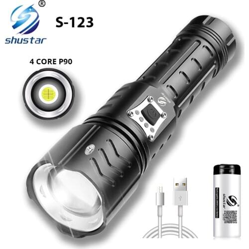 Super Bright 4 Core P90 LED Flashlight With Battery Display Portable outdoor waterproof light Suitable for camping, adventure