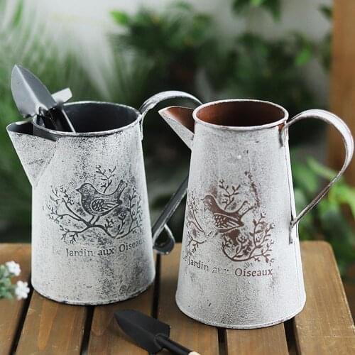Vintage Iron Art Bucket Dried Flower Vase Container Desktop Ornaments Decor