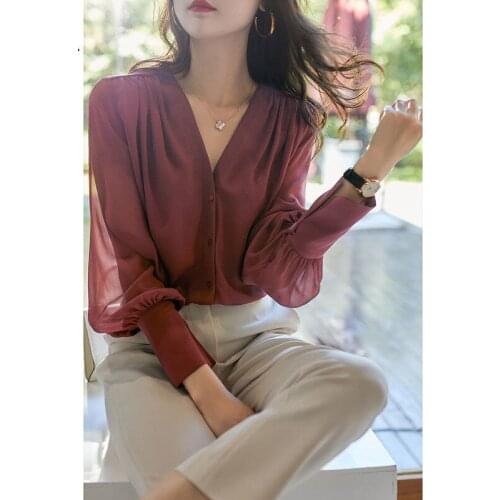 Womens Spring Autumn Style Chiffon Blouse Shirt Womens Long Sleeve Solid Color V-Neck Button Korean Loose Tops SP1125