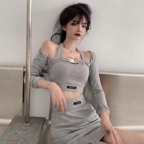 Womens Long-Sleeved Knitted Cardigan Early Autumn Thin Type Slim-Fit Blouse Small Coat Two-Piece Suit Design Short Top