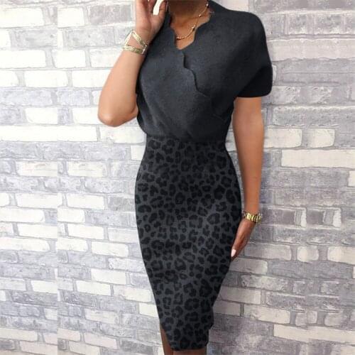 Elegant Women Black Pencil Dress 2021 Ruffles Decor V-Neck Short Sleeve Mid Waist Leopard Print Slim Hips Pullovers Summer Dress