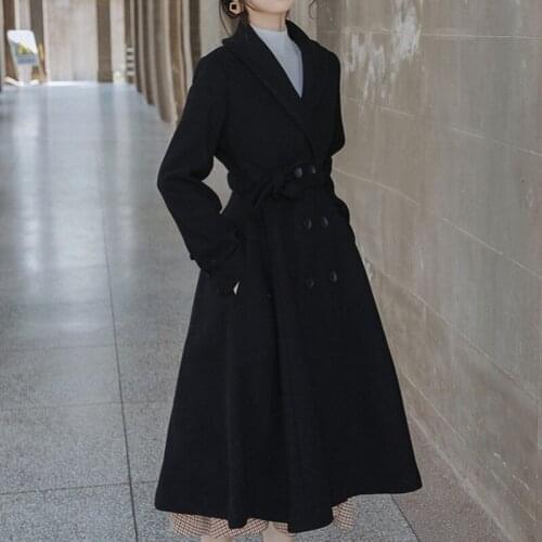 Women Skirt Style Wool Blends Long Coat Double Breasted Sashes Trench Vintage Ladies Classic Autumn Winter Belt Woolen Overcoat