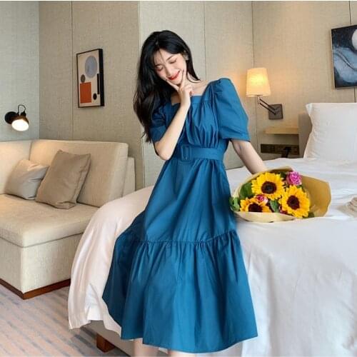 Puls Size Women Summer Vintage square Collar puff sleeve Office Party patchwork Dress Ladies Elegant Casual Long Dress with belt