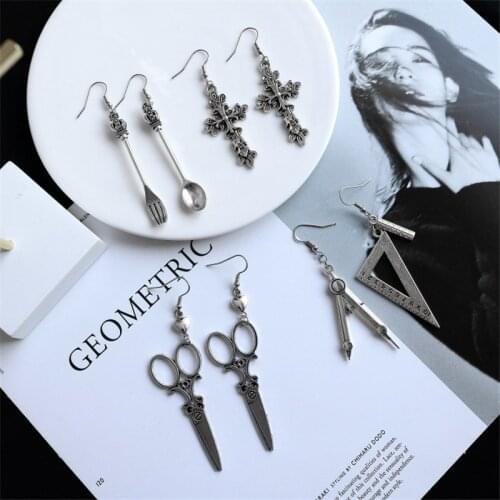 Antique Silver Color Compasses Triangle Ruler Drop Earrings For Women Creative Spoon Fork Scissors Cross Dangle Earring A709