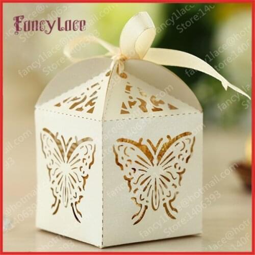 Free shipping 50pcs Laser cut Butterfly Wedding favor candy box,in pearl color party shower gift box,wedding gifts(with ribbon)