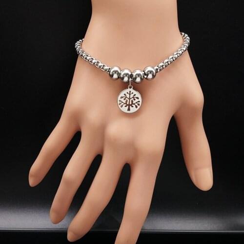 Tree of Life Stainless Steel Bracelet Women Bead Silver Color Bracelet Jewelry acero inoxidable pulsera B61279
