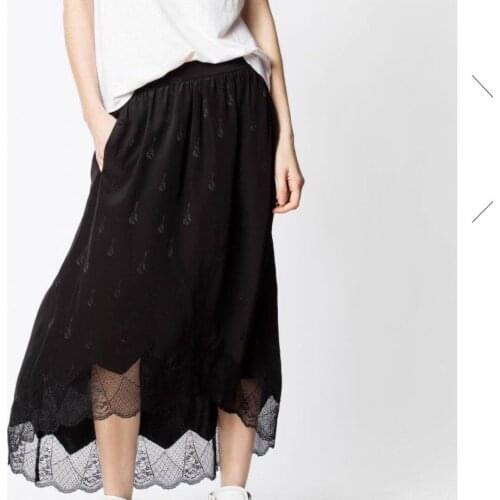 2021SS black Silk Midi Skirt Lace jacquard Hem Stretch Waist Fashion Skirts High quality woman Asymmetric Skirts