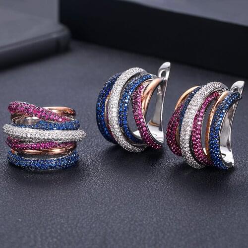 Jankelly Twist Braided Multicolor Full Mirco Pink Cubic Zirconia Setting European brincos Wedding Hoop Earring Ring Jewelry Set