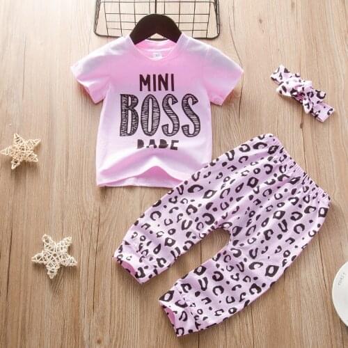 Summer new children girl BOSS pink short sleeve top + leopard fashion pants and headgear three piece set 0-2 years