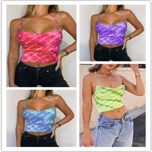 European and American 2021 summer new printing tie-dyed one word collar backless suspenders Short vest woman crop top tank top