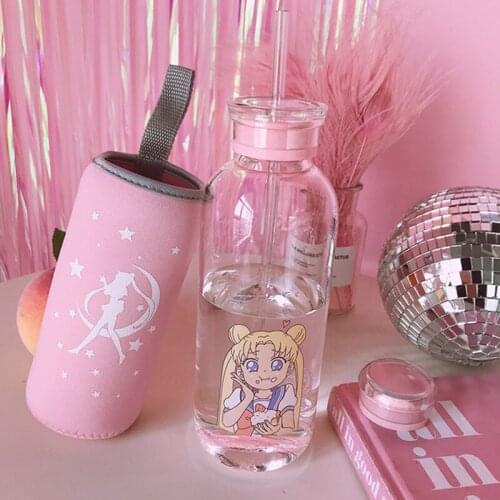 Cartoon Bottle Transparent Glass Water Bottle Student Camping Bottle with Portable Leak-proof Fruit Lemon Juice Drinking Bottle