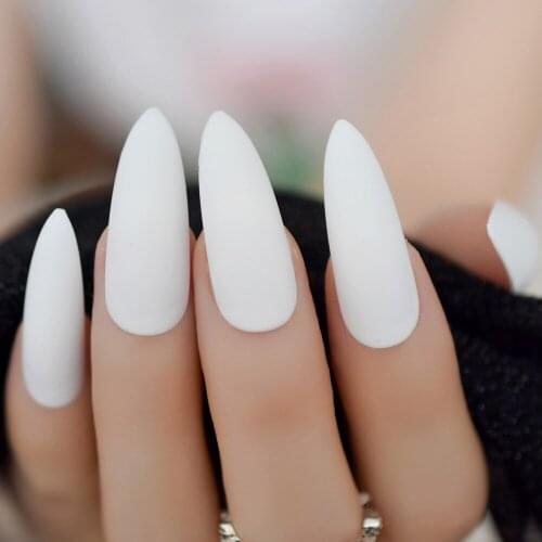Classic Pure White Nail Matte Stiletto Frosted False Fake Nail Tips Extra Long Pointed Artificial Manicure Press On Wear Nails