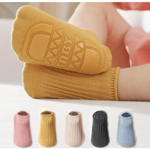4 Pairs Baby Newborn Anti-Slip Soft Toddler Socks Infant Elastic Kids Toddler Rubber Soles Pure Color Cotton Floor Socks