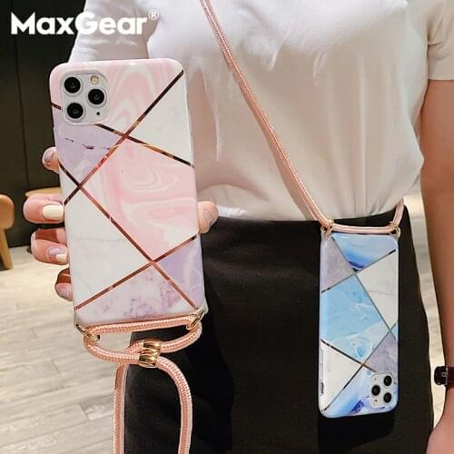 Plating Geometric Marble Case+Crossbody Lanyard For iPhone 12 11 Pro Max XS SE 2020 X XR 8 7 Plus Hang Neck Strap Soft TPU Cover