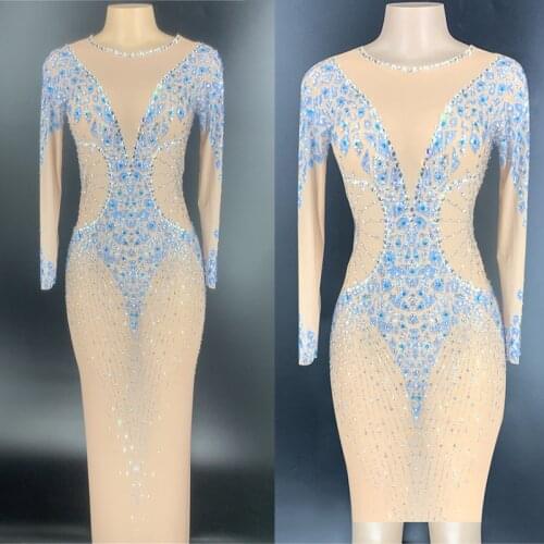 Silver Blue Rhinestones Transparent Long Dress Bar Birthday Outfit Nightclub Party Costume Women Dancer Show Dress DT2231