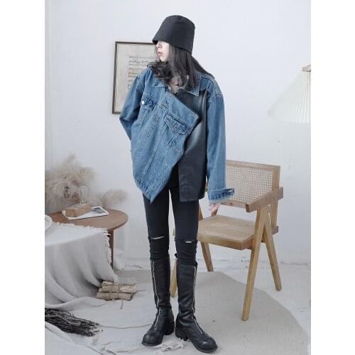 Spring and autumn niche design sense irregular asymmetric stitching loose denim coat female deconstructing 0911