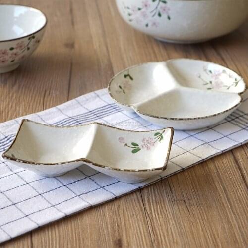 Impression of Sakura Series 6.5-inch Three-grid Plate Double-upped Plate Japanese-style Underglaze Ceramic Tableware