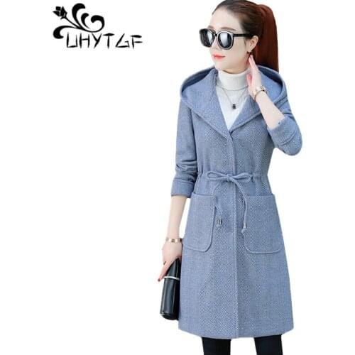 UHYTGF Fashion Autumn Winter Jacket Womens long Woolen Coat Hooded belt Slim Windbreaker Female outerwear Plus size Jacket 1111
