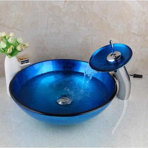 Round Tempered Glass Blue Bathroom Vanity Set Hand Painting Cuba Para Pia De Banheiro Washbasin and Waterfall Faucet Basin Sink