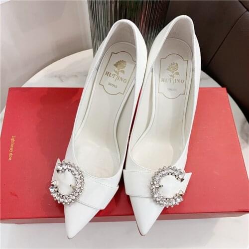 2021 summer new style sexy lady shoes white leather crystal strass pointe toe high heel pumps bride wedding big size 43 8cm