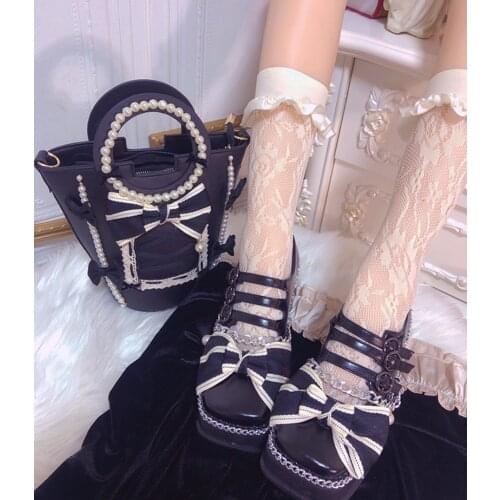 Womens Lolita Bowknot Round Toe Metal Chain Gothic Punk Pumps Shoes Creepers Japanese Harajuku Block Heel Dark DIY New 2021