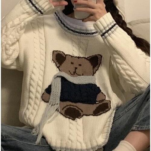 Women Long Sleeve Loose Steric Bear Knitted Pullovers Autumn Winter Round Collar Twist Sweaters Cute White Jumper School Style