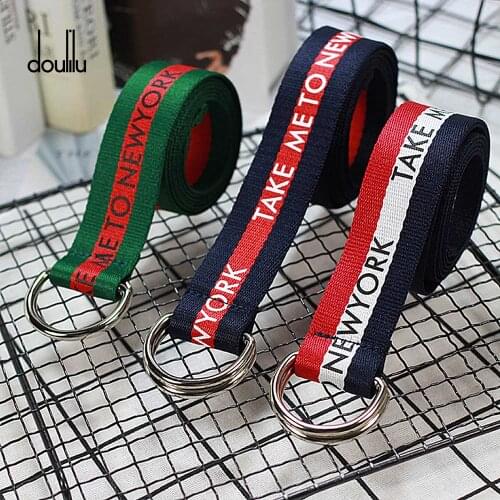 130cm Female Belt Canvas Printing English D Fashion Neutral Nylon Ring Double Buckle Student Womens Belt