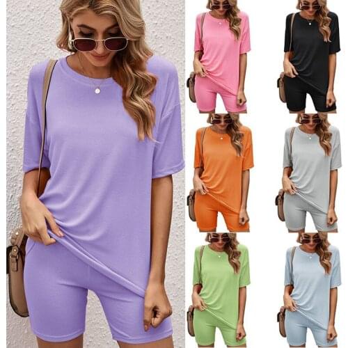 2 Pcs Set Woman T Shirt + Short Pants New Summer Casual Round Neck Top Tight Shorts Solid Color Sports Suit Home Female 2021 Hot