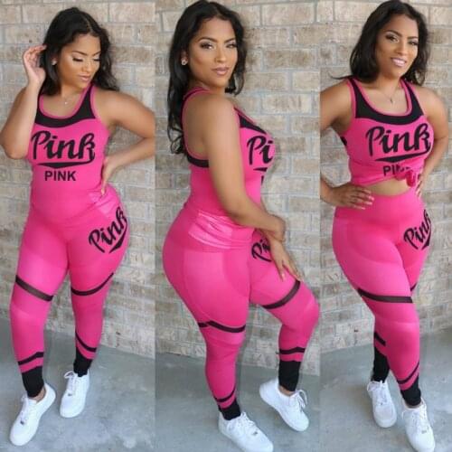 2020 Women Sets Pink Letter Print Sweatshirt Women Casual Plus Size Tops Skinny Pants Sweat Suit Two Piece Tracksuit 2 Piece Set