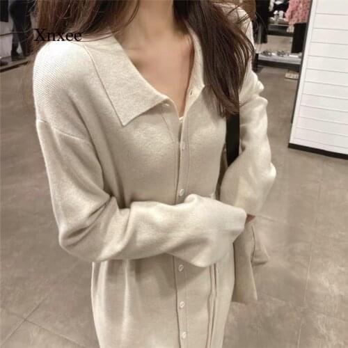 Turn Down Collar Sweater Dress Women Single Breasted Long Sleeve Sweater Cardigan Slim Vintage Korean Party Dress Oversized