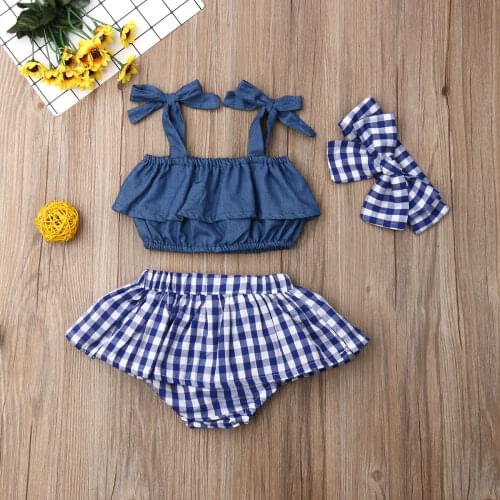 Baby Girl Sling Ruffle Crop Top Girls Plaid Mini Skirt Headband 3Pcs Outfits Clothes Summer Newborn Clothes Sets