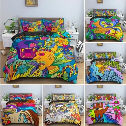3D Abstract Colorful Faces Duvet Cover Bedding Set Psychedelic Magic Mushroom Bedclothes King Queen Luxury Quilt Cover 2/3PCS