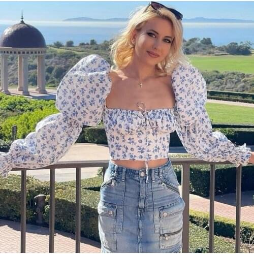 HOUZHOU Blouses Women Floral White Sweet Vintage Crop Top Long Sleeve Blusas Elegantes Sexy Shirt Woman Korean Fashion 2021