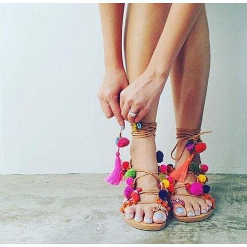 Newest Bohemia multi ball crosstie lace up tassel sandals lady fariy style summer vacation pompon peep toe gladiator shoes