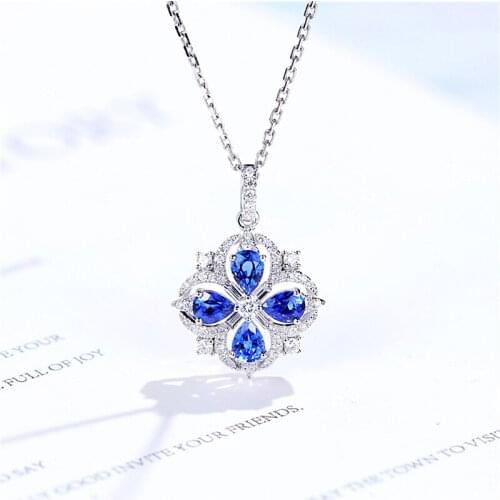 CxsJeremy 14K 585 White Gold Sapphire Four-leaf Clover Pendant Sparkling Natural Diamond Necklace For Women in Fine Jewelry