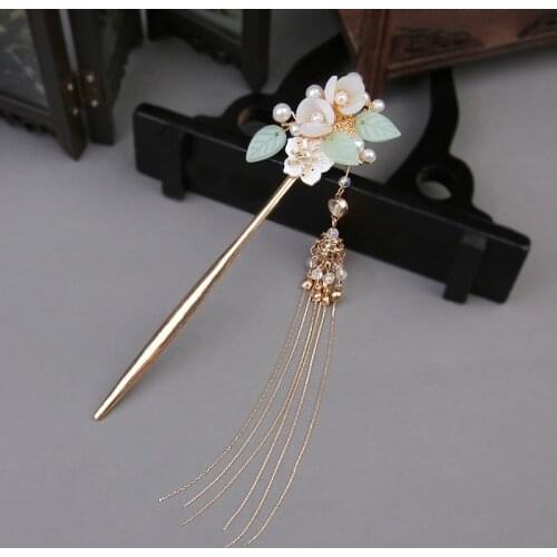Chinese Simple Green Hairpin Antique Immortal Tassel Pearl Hairpin women hair decoration