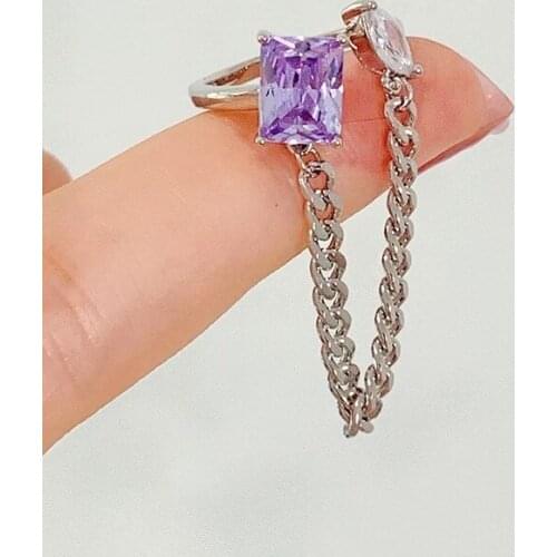 Korean Delicate Cute Square Pink Heart Crystal Adjustable Rings For Women Fashion Metal Chain Finger Knuckle Rings Jewelry