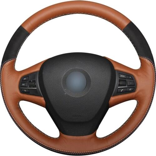 Brown Natural Leather Black Suede Car Steering Wheel Cover for BMW F25 X3 2011-2017 F15 X5 2014