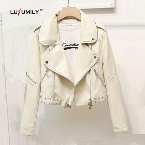 Lusumily White Pu Leather Jacket Women Motorcycle Biker Jackets Moto Vintage Faux Leather Coat Black Short Streetwear Tops