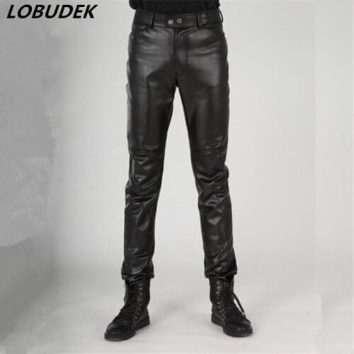 Male PU leather pants long pants Korean style autumn winter mens black tide slim leather trousers casual high quality pants