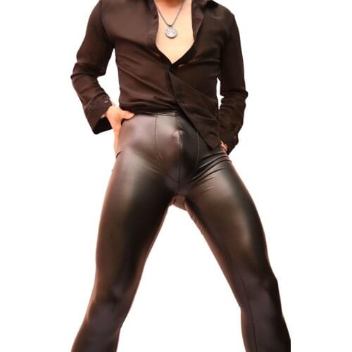 Sexy Men Stage Dance Wear Faux Leather Pencil Pants Skinny Pants Fashion Casual Leggings Slim Fit Club Dance Wear FX10095