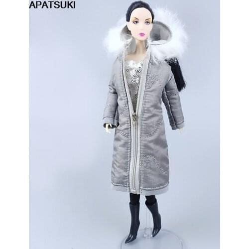 Grey Winter Long Sleeve Coat Outfits for Barbie Dolls Parka Clothes Jacket Shoes Clothing for 1/6 BJD Doll Accessories